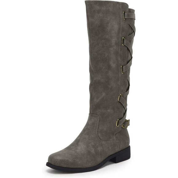 Womens Faux Leather Grey Strappy Motorcycle Knee High Riding Flat Lace Up Boots - Picture 1 of 6